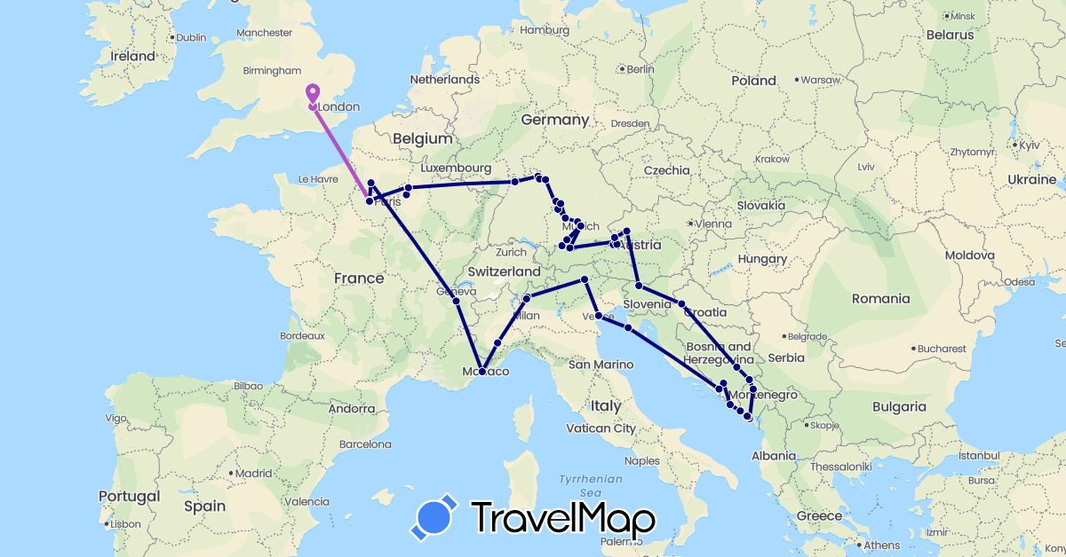 TravelMap itinerary: driving, train in Austria, Bosnia and Herzegovina, Germany, France, United Kingdom, Croatia, Italy, Montenegro, Slovenia (Europe)